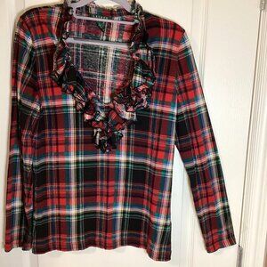 Lauren Ralph Lauren Women's Red Tartan Plaid Top Long Sleeve Blouse With Ruffles